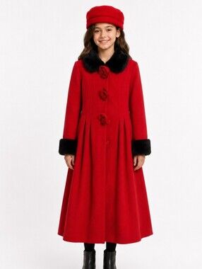 Jessie Girl Red Full Length Coat Girls 10/12 Black Faux Fur Trim Wool Mix W Cap